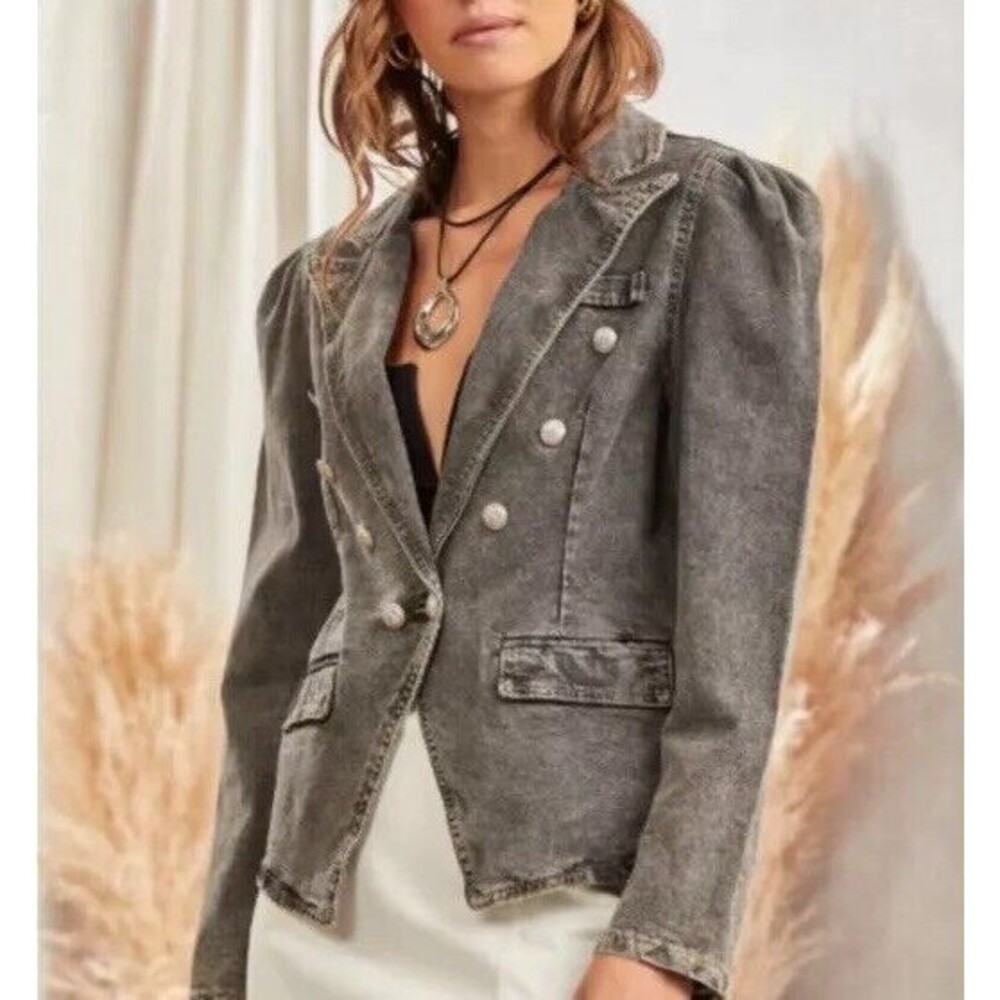Boutique Collared Denim Jacket Military Puffed Sleeves With Buttons In Charcoal